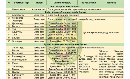 Хилийн боомтуудын 10 дугаар сард ажиллах цагийн хуваарь